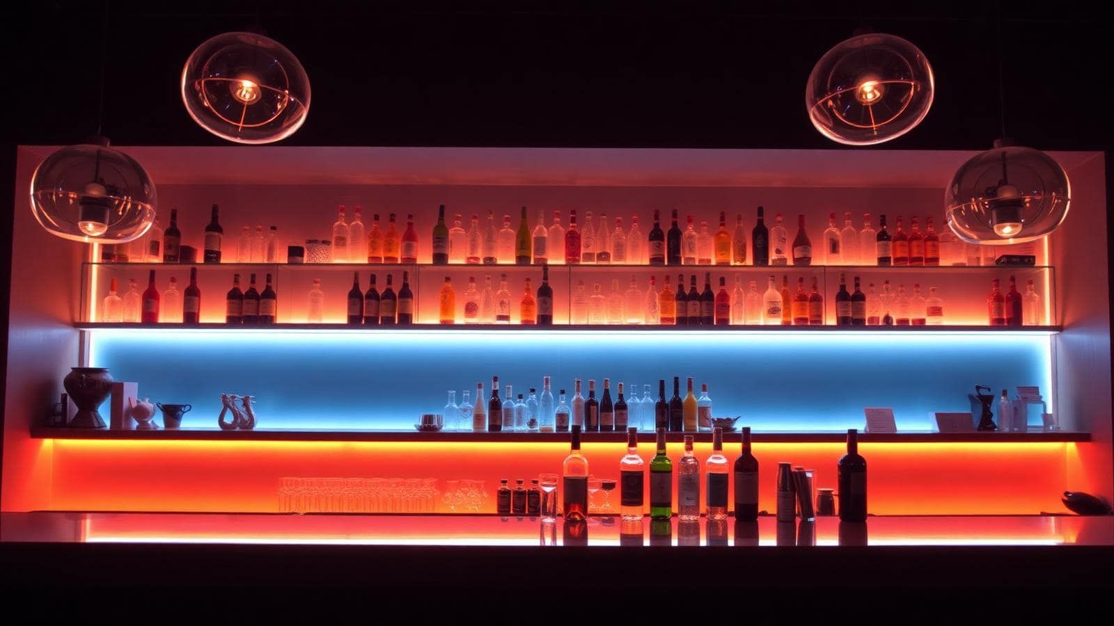 Barra de bar moderno con luces neón cálidas