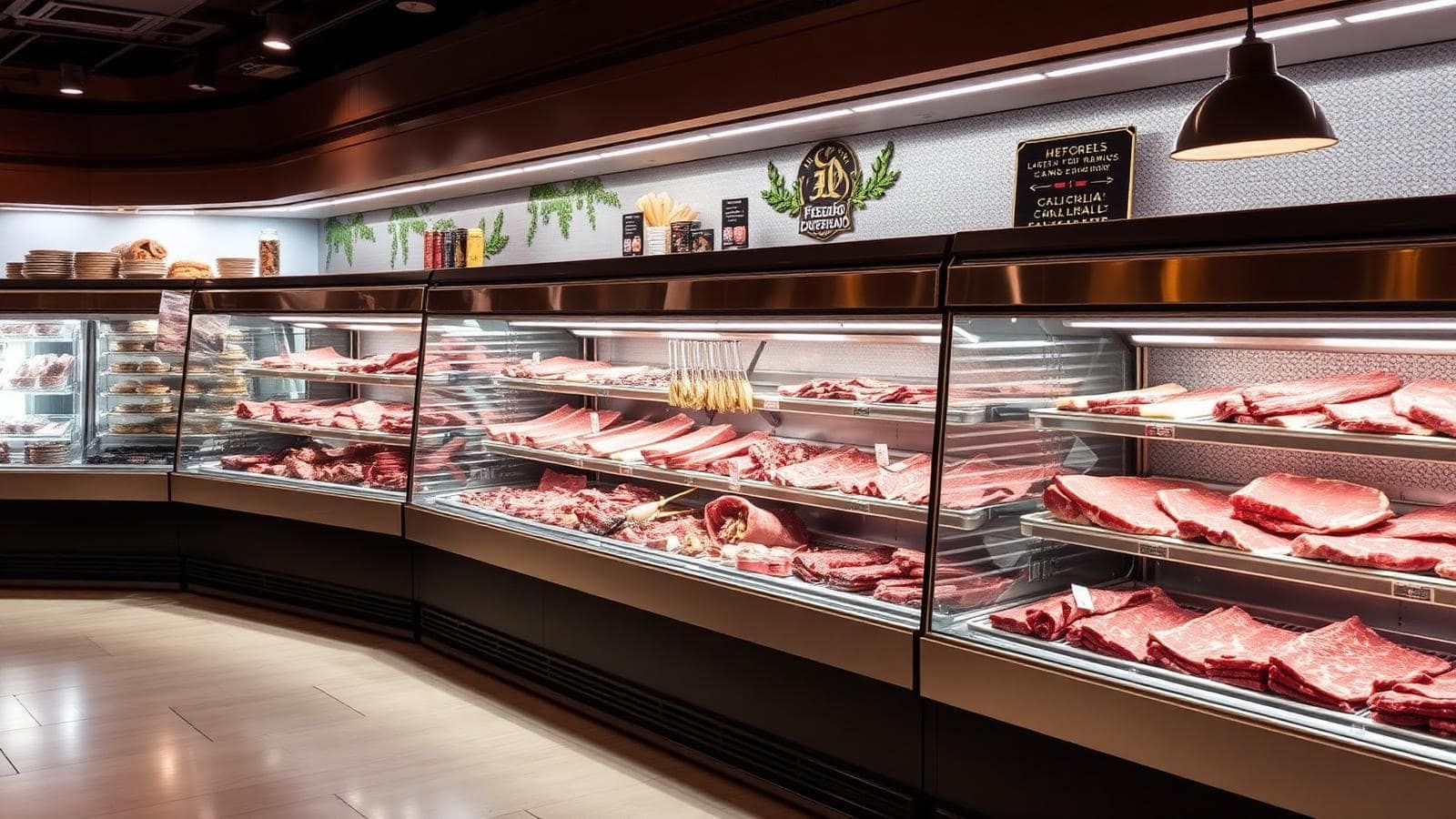 Carnicería refrigerada con cortes premium en exhibición
