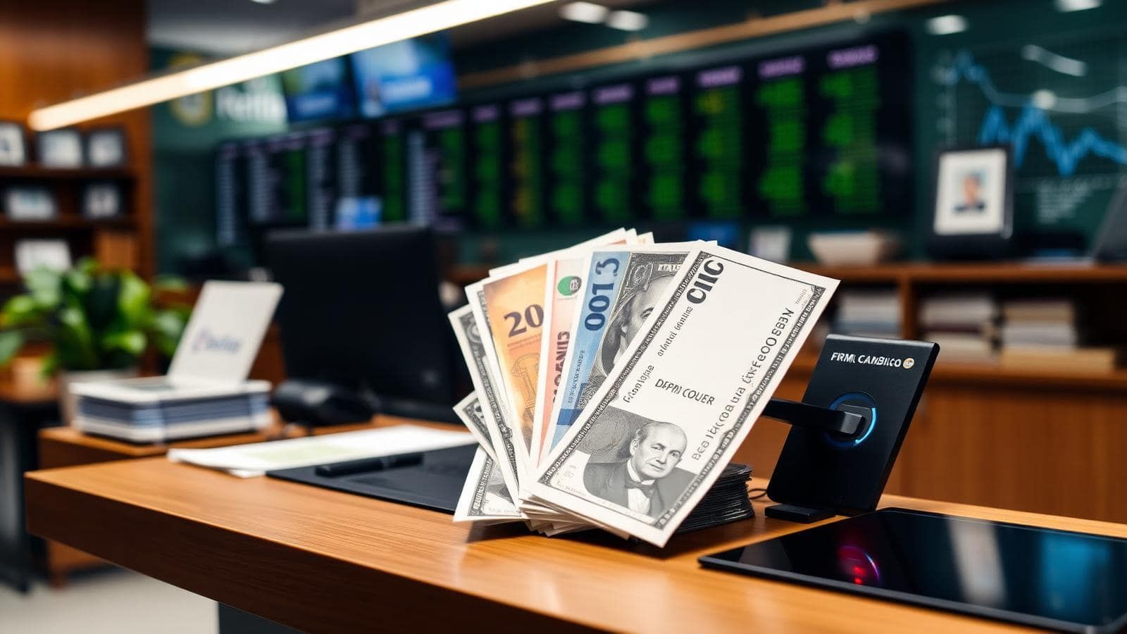Mostrador de casa de cambio con divisas y tablero TRM