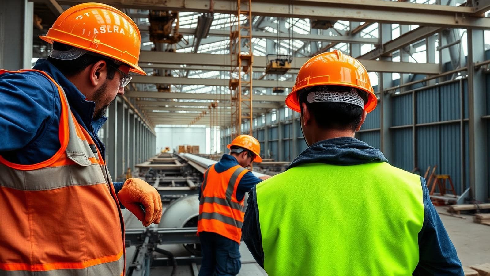 Obra de construcción con planos y operarios