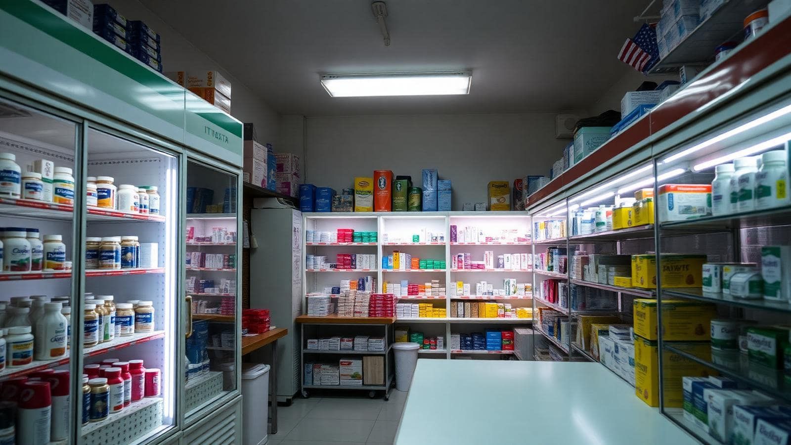 Droguería de barrio con vitrina de productos OTC