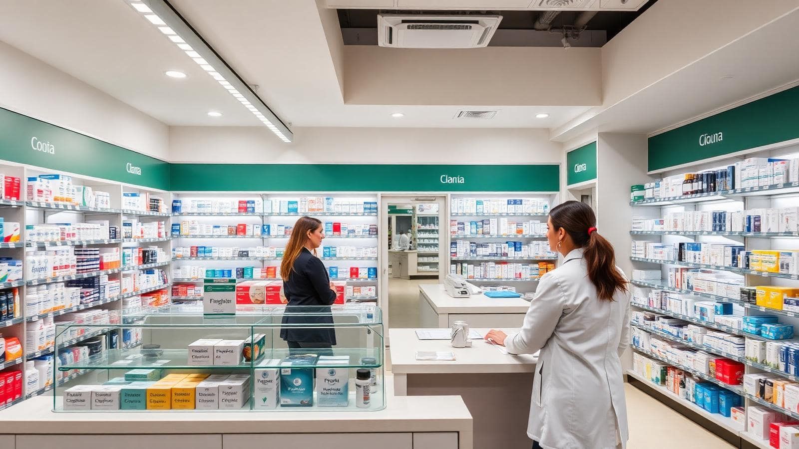 Farmacia retail con farmacéutica atendiendo