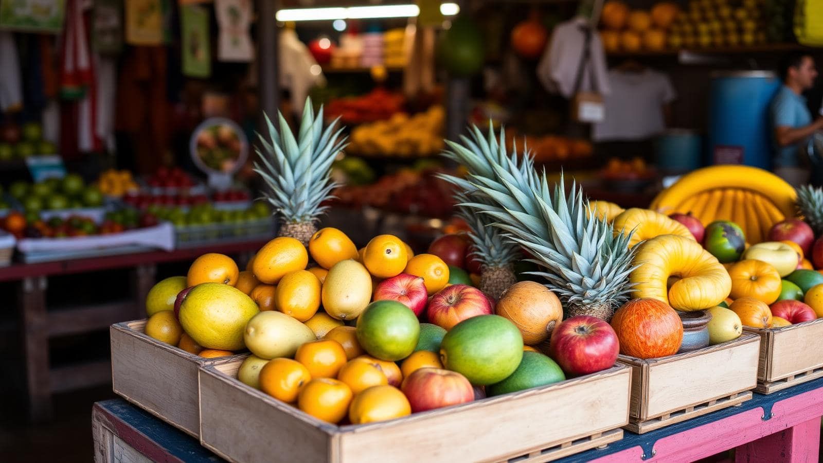 Fruver con cajones de frutas tropicales