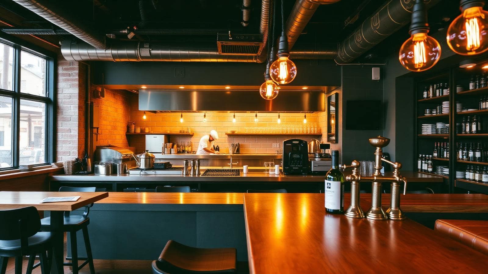 Gastrobar industrial cálido con vista al chef