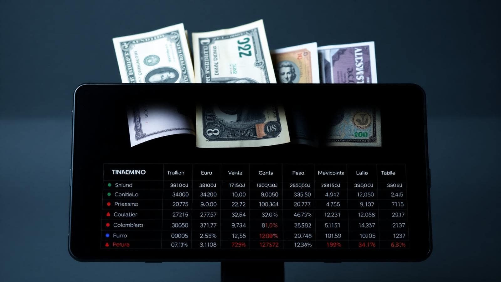 Mostrador con billetes y tablero TRM