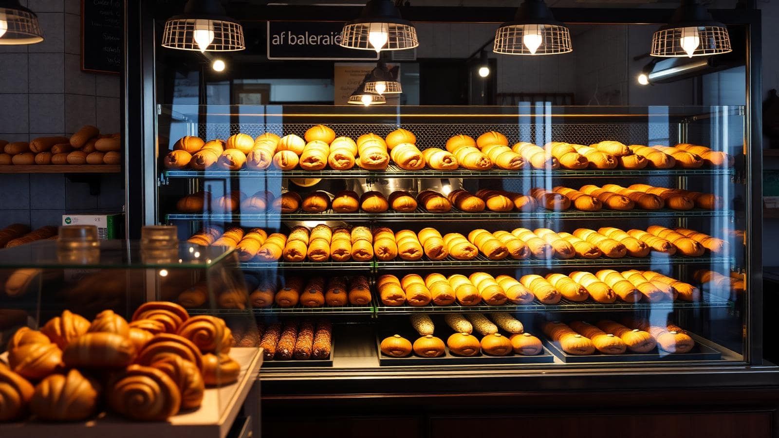 Panadería con pan recién horneado en vitrina