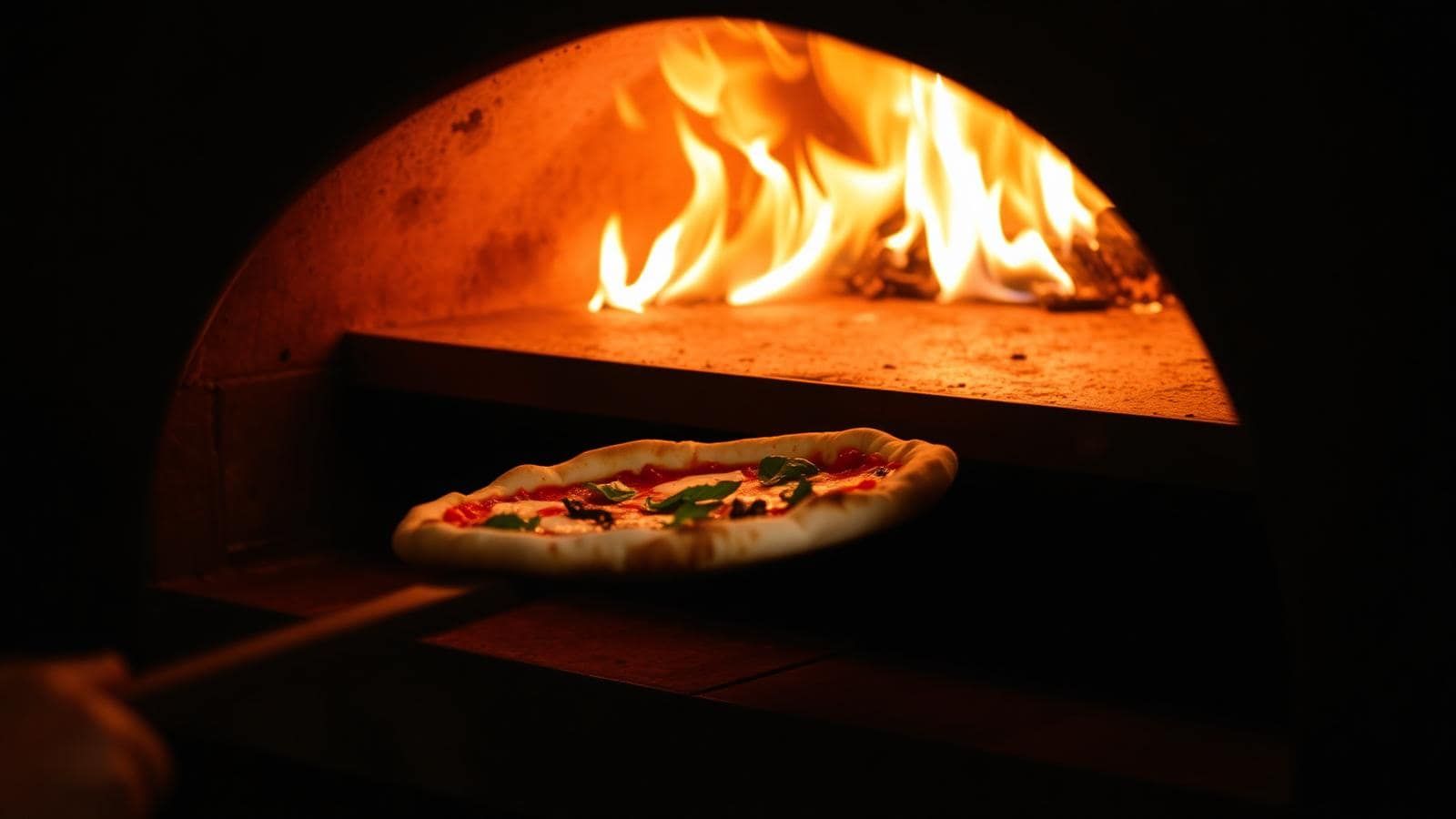 Pizzería con horno de leña y pizza saliendo