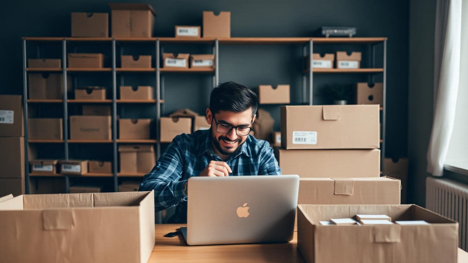 Escritorio con laptop empacando pedido e-commerce